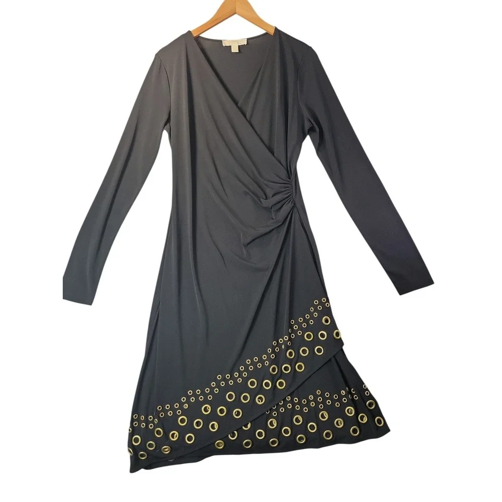 Michael Kors Black‎ Faux Wrap Dress Gold Grommet Hem Long Sleeve Size L Cocktail